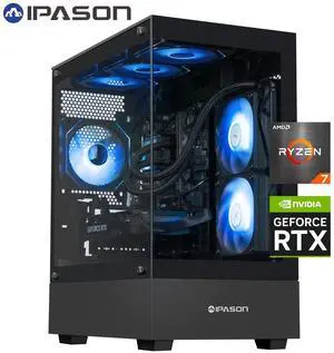IPASON Gaming PC AMD Ryzen7 9700X, Geforce RTX5060 Ti 16G, 1TB NVME SSD, 32GB DDR5 RAM , 650W GOLD PSU ,240MM AIO liquid cooler , MSI B650M , Windows 11 , WIFI, Prebuilt Gaming Pc New computer
