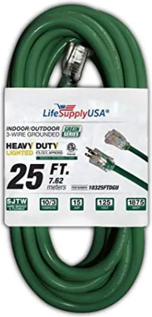 25 ft extension cord 10/3 sjtw with lighted end - dark green- indoor / outdoor heavy duty extra durability 15 amp 125 volts 1875 watts etl listed - by lifesupplyusa