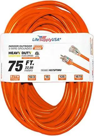 75 ft extension cord 10/3 sjtw with lighted end - orange- indoor / outdoor heavy duty extra durability 15 amp 125 volts 1875 watts etl listed - by lifesupplyusa