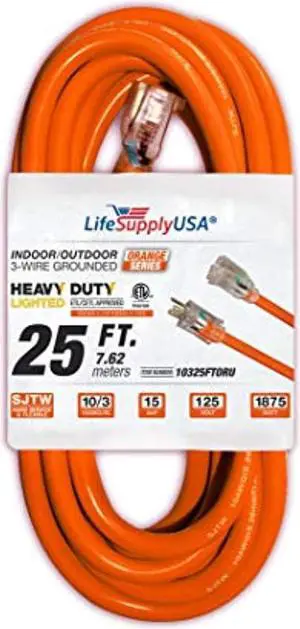 25 ft extension cord 10/3 sjtw with lighted end - orange- indoor / outdoor heavy duty extra durability 15 amp 125 volts 1875 watts etl listed - by lifesupplyusa