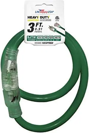 3 ft extension cord 10/3 sjtw with lighted end - dark green- indoor / outdoor heavy duty extra durability 15 amp 125 volts 1875 watts etl listed - by lifesupplyusa