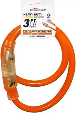 3 ft extension cord 10/3 sjtw with lighted end - orange- indoor / outdoor heavy duty extra durability 15 amp 125 volts 1875 watts etl listed - by lifesupplyusa