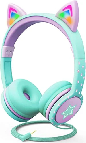 FosPower Wired Kids Headphones with Cord, LED Cat Ears, Foldable Light Up On Ear Headphones for Kids School iPad Tablet with 3.5mm, Teal/Light Purple FosPower Wired Kids Headphones with Cord, LED Cat Ears, Foldable Light Up On Ear Headphones for Kids School iPad Tablet with 3.5mm, Teal/Light Purple