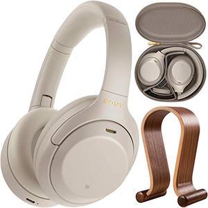 sony wh1000xm4/s premium noise cancelling wireless over-the-ear headphones bundle with deco gear wood headphone display stand and protective travel carry case
