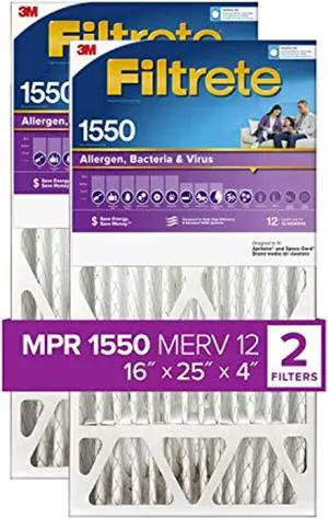 filtrete 16x25x4, ac furnace air filter, mpr 1550 dp, healthy living ultra allergen deep pleat, 2-pack (actual dimensions 15.88 x 24.56 x 4.31)