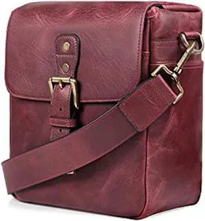 megagear torres mini mg1700 genuine leather camera messenger bag for mirrorless, instant and dslr cameras - maroon