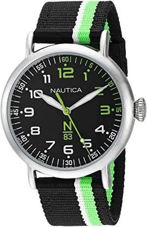 nautica n83 men's napwls913 wakeland black/green stripe fabric strap watch