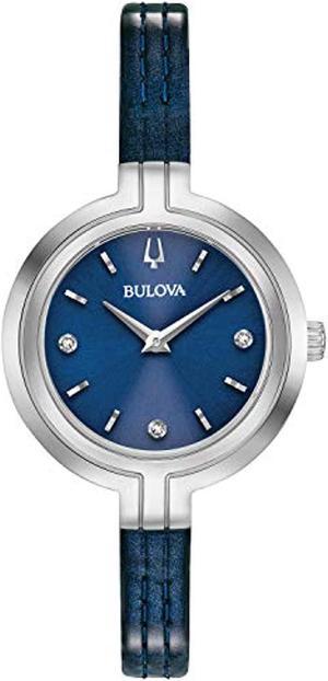 bulova rhapsodyquartz ladies watch, stainless steel with blue leather strapdiamond , silver-tone (model: 96p212)