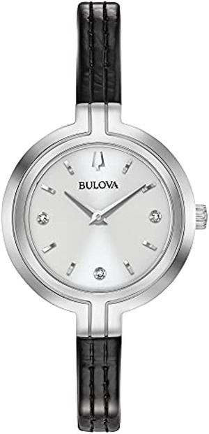 bulova rhapsodyquartz ladies watch, stainless steel with black leather strapdiamond , silver-tone (model: 96p211)