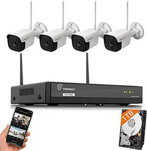 tigersecu 1080p wifi nvr security camera system with two way audio, 1tb hard drive, h.265+ 4 channel nvr with 4 1080p wi-fi ip cameras for indoor/outdoor use