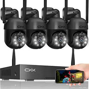 3mp wireless security camera system,4pcs 3mp ptz cameras outdoor indoor, 8 channel 3mp wifi surveillance nvr system with floodlights & siren alarm, 2 way audio
