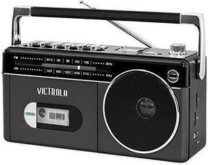 victrola mini bluetooth boombox with cassette player, recorder and am/fm radio, grey
