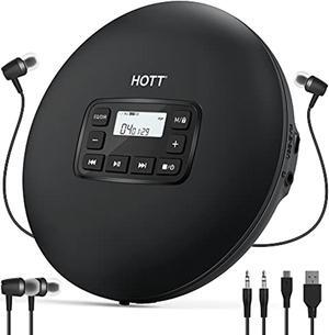 hott cd204 portable cd player, personal compact cd player with headphones, anti-skip/shockproof for home travel and car, small music cd walkman with lcd display for adults students kids-black