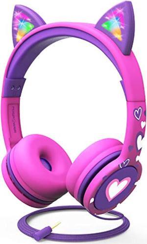 FosPower Wired Kids Headphones with Cord, LED Cat Ears, Foldable Light Up On Ear Headphones for Kids School iPad Tablet with 3.5mm - Hot Pink / Purple