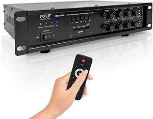 bluetooth home pa mixing amplifier - 500w home audio rack mount stereo power amplifier receiver w/fm radio, digital led display, usb/aux/mic, optical/coaxial, ac-3, 70v/100v output - pyle pmx3500ph