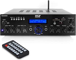wireless bluetooth power amplifier system - 200w dual channel sound audio stereo receiver w/ usb, aux, mic in w/ echo, radio - for home theater entertainment via rca, studio use - pyle pda65bu,black