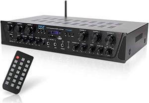 wireless home audio amplifier system-bluetooth compatible sound stereo receiver amp - 6 channel 600watt power, digital lcd, headphone jack, 1/4'' microphone in usb sd aux rca fm radio-pyle pta66bt.5