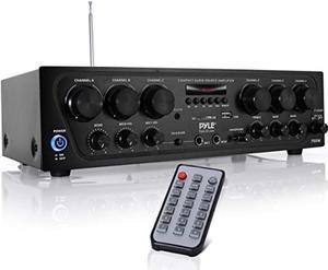 bluetooth home audio amplifier system - upgraded 6 channel 750 watt wireless home audio sound power stereo receiver w/ usb, micro sd, headphone, 2 microphone input w/ echo, talkover for pa - pyle