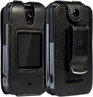 case for schok flip phone, nakedcellphone brand [black vegan leather] form-fit cover with [built-in screen protection] and [metal belt clip] for schok classic flip phone (sc3218)