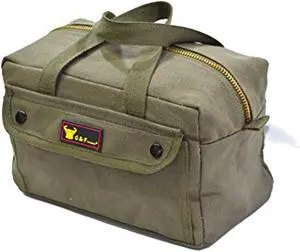 g & f products government issued style mechanics heavy duty tool bag with brass zipper and side pockets, tool bag for cars, drill, garden, and electrician. olive green , 11" x 7" x 6"