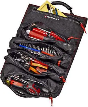 powerbuilt pro tool bag roll organizer, portable, great for off-road, heavy duty 1200d polyester, 18-1/2 in. x 15 in. open size, hanging strap, carry handle, 5 zipper pockets, 14 wrench slots