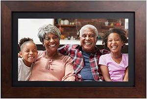 brookstone photoshare 14? smart digital picture frame, send pics from phone to frames, wifi, 8 gb, holds 5,000+ pics, hd touchscreen, premium espresso wood, easy 1-min setup
