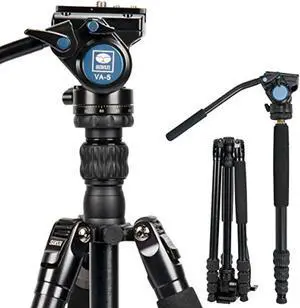 sirui 2-in-1 traveler series aluminum video tripod with va-5 fluid head for cameras, monopod conversion, 6.61lbs load capacity, 62.6inch, 360panning base, 1/4" and 3/8" screws (aluminum va)