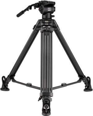 magnus rex vt-5000 2-stage aluminum video tripod with fluid head, 75mm half ball, extends to 64.25, max load 17 lbs. dual-spiked feet, mid-level spreader. plus qr plate, pan bar, and case