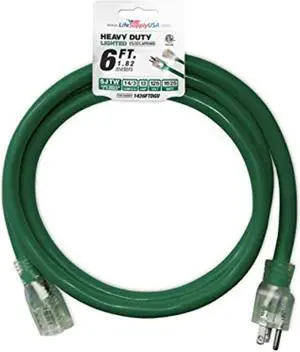 6 ft extension cord 14/3 sjtw with lighted end - green - indoor / outdoor heavy duty extra durability 13amp 125v 1625w etl listed by lifesupplyusa