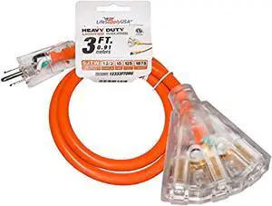 3 ft extension cord 12/3 3-outlet sjtw with lighted end - orange - indoor / outdoor heavy duty extra durability 15amp 125v 1875w etl listed by lifesupplyusa