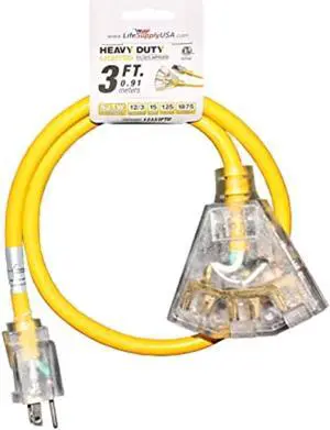 3 ft extension cord 12/3 3-outlet sjtw with lighted end - yellow - indoor / outdoor heavy duty extra durability 15amp 125v 1875w etl listed by lifesupplyusa