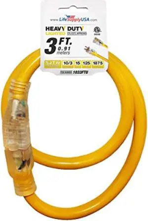 3 ft extension cord 10/3 sjtw with lighted end - yelllow - indoor / outdoor heavy duty extra durability 15amp 125v 1875w etl listed by lifesupplyusa