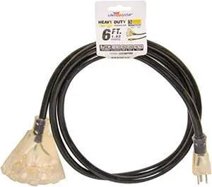 6 ft extension cord 12/3 sjtw with lighted 3-outlet - black - indoor / outdoor heavy duty extra durability 15 amp 125 volts 1875 watts by lifesupplyusa