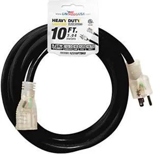 10 ft extension cord 12/3 sjtw with lighted end - black - indoor / outdoor heavy duty extra durability 15amp 125v 1875w etl listed by lifesupplyusa