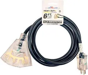 6 ft extension cord 12/3 3-outlet sjtw with lighted end - black - indoor / outdoor heavy duty extra durability 15amp 125v 1875w etl listed by lifesupplyusa