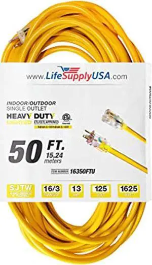 50 ft extension cord 16/3 sjtw with lighted end - yellow - indoor / outdoor heavy duty extra durability 13amp 125v 1625w etl listed by lifesupplyusa