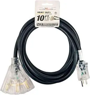 10 ft extension cord 12/3 3-outlet sjtw with lighted end - black - indoor / outdoor heavy duty extra durability 15amp 125v 1875w etl listed by lifesupplyusa