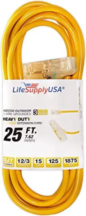 25 ft extension cord 12/3 sjtw with lighted 3-outlet - yellow - indoor / outdoor heavy duty extra durability 15 amp 125 volts 1875 watts by lifesupplyusa