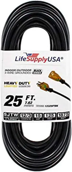 25 ft extension cord 12/3 sjtw with lighted end - black - indoor / outdoor heavy duty extra durability 15 amp 125 volts 1875 watts by lifesupplyusa