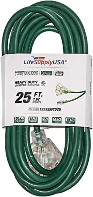 25 ft extension cord 12/3 3-outlet sjtw with lighted end - green - indoor / outdoor heavy duty extra durability 15amp 125v 1875w etl listed by lifesupplyusa