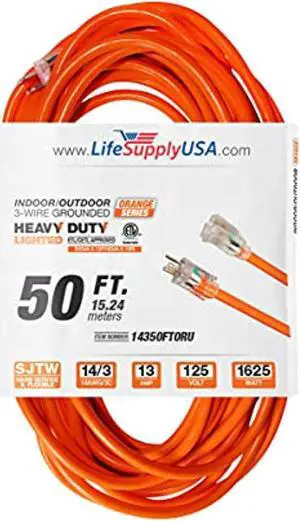 50 ft extension cord 14/3 sjtw with lighted end - orange - indoor / outdoor heavy duty extra durability 13amp 125v 1625w etl listed by lifesupplyusa