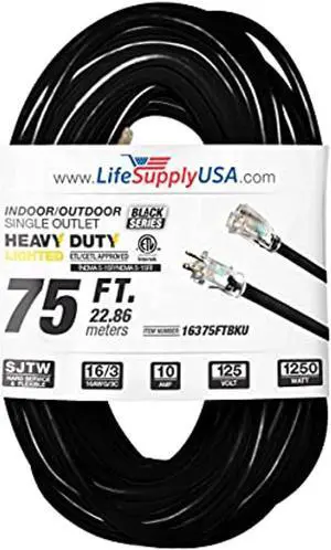 75 ft extension cord 16/3 sjtw with lighted end - black - indoor / outdoor heavy duty extra durability 10amp 125v 1250w etl listed by lifesupplyusa