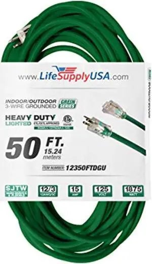 50 ft extension cord 12/3 sjtw with lighted end - green - indoor / outdoor heavy duty extra durability 15amp 125v 1875w etl listed by lifesupplyusa