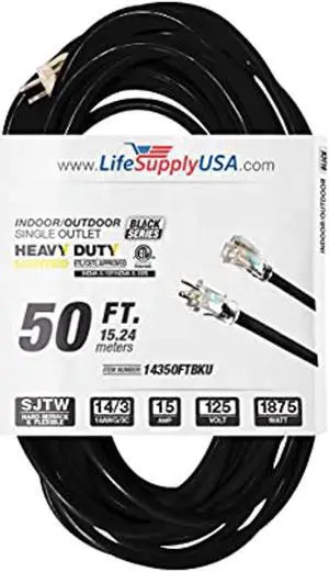 50 ft extension cord 14/3 sjtw with lighted end - black - indoor / outdoor heavy duty extra durability 15amp 125v 1875w etl listed by lifesupplyusa