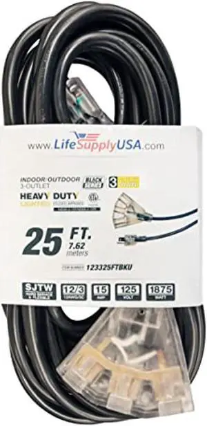 25 ft extension cord 12/3 3-outlet sjtw with lighted end - black - indoor / outdoor heavy duty extra durability 15amp 125v 1875w etl listed by lifesupplyusa