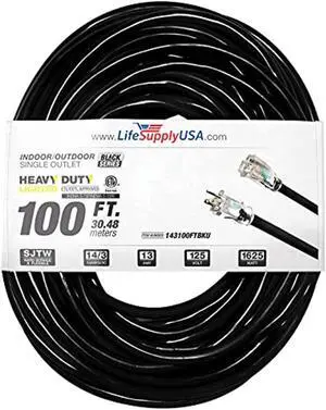 100 ft extension cord 14/3 sjtw with lighted end - black - indoor / outdoor heavy duty extra durability 13amp 125v 1625w etl listed by lifesupplyusa