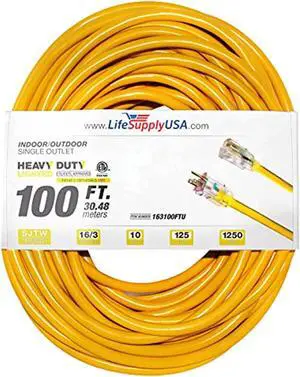 100 ft extension cord 16/3 sjtw with lighted end - yellow - indoor / outdoor heavy duty extra durability 10amp 125v 1250w etl listed by lifesupplyusa