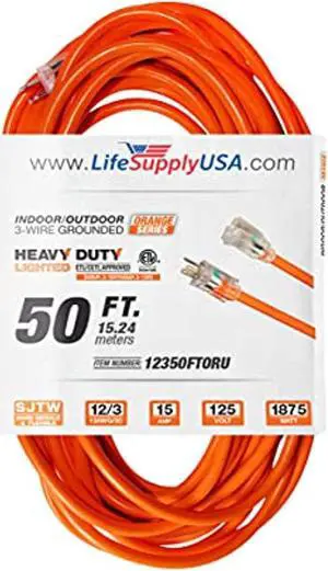 50 ft extension cord 12/3 sjtw with lighted end - orange - indoor / outdoor heavy duty extra durability 15amp 125v 1875w etl listed by lifesupplyusa