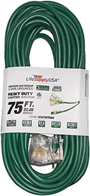 75 ft extension cord 12/3 3-outlet sjtw with lighted end - green - indoor / outdoor heavy duty extra durability 15amp 125v 1875w etl listed by lifesupplyusa