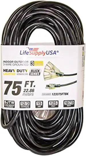 75 ft extension cord 12/3 sjtw with lighted 3-outlet - black - indoor / outdoor heavy duty extra durability 15 amp 125 volts 1875 watts by lifesupplyusa